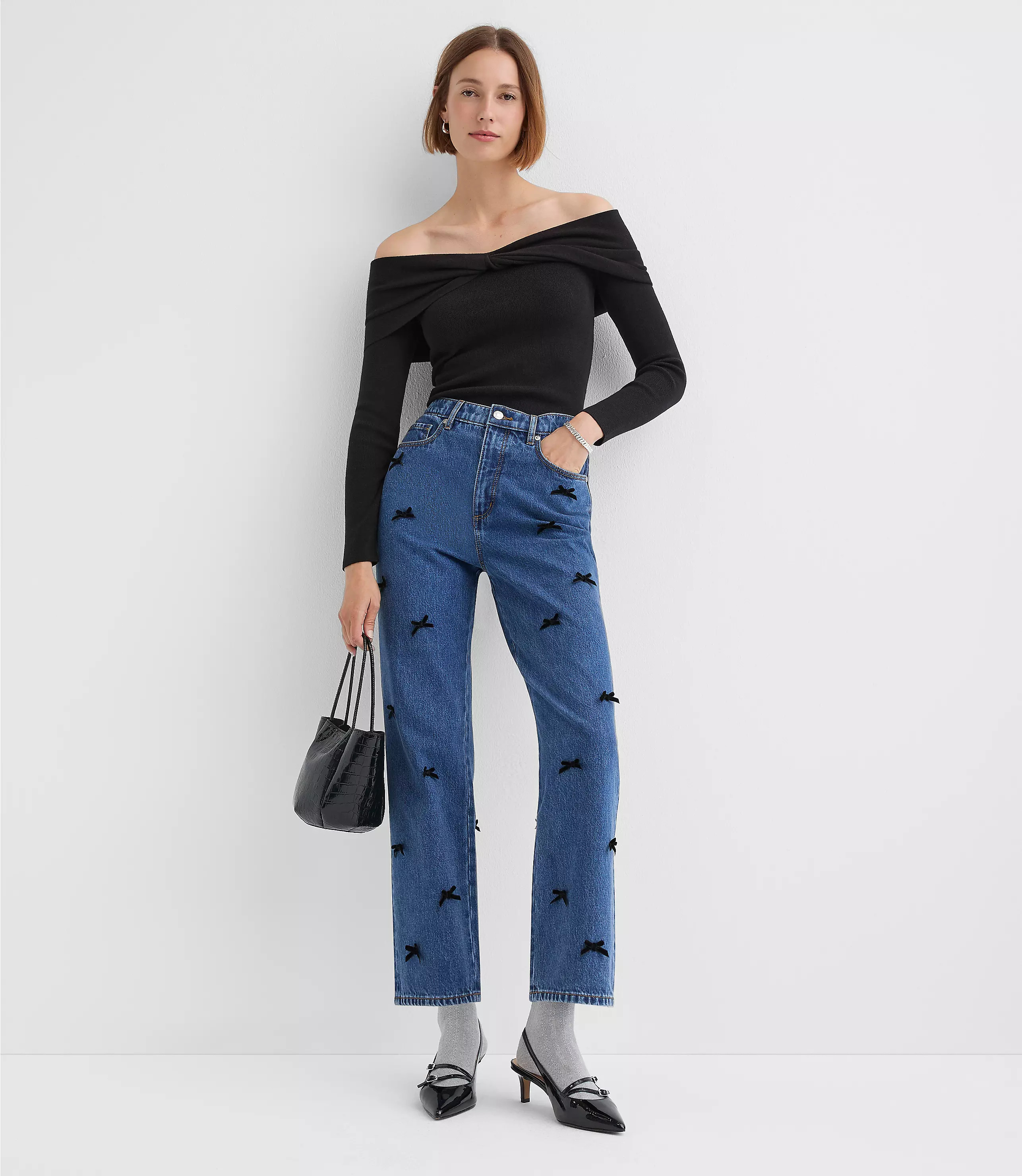 Velvet Bow High Rise Straight Jeans in Bright Mid Indigo Wash | LOFT