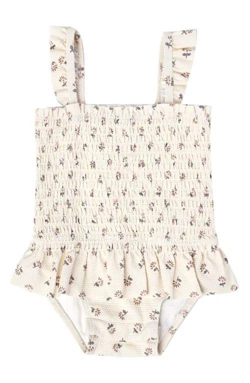 QUINCY MAE Floral Smocked Ruffle One-Piece Swimsuit in Ivory at Nordstrom, Size 12-18M | Nordstrom