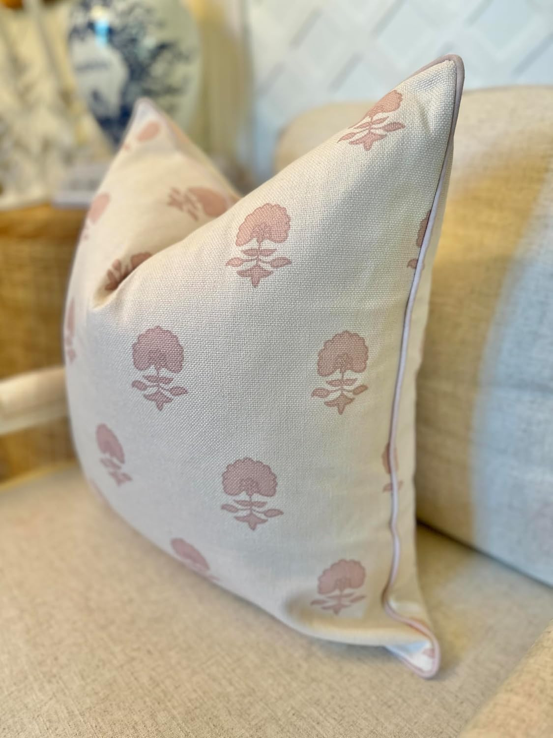 “The Lauderdale” Floral Block Print Pillow Cover – Blush Pink and Off-White Decorative Thro... | Amazon (US)