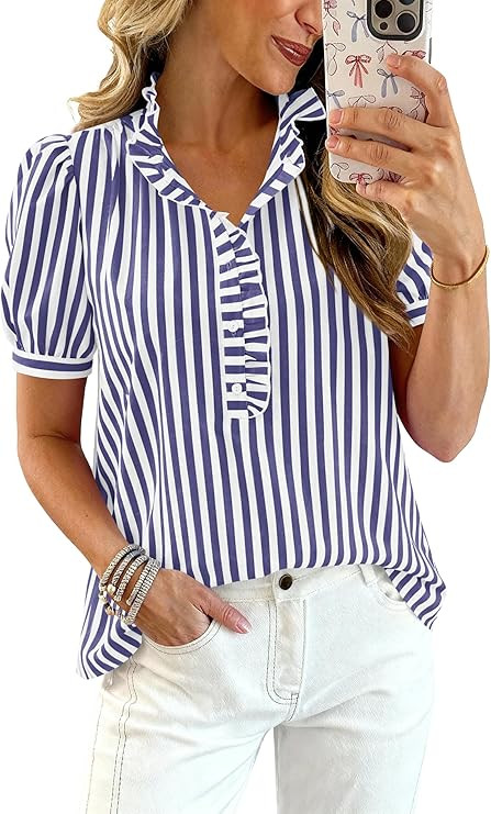 MASCOMODA Womens Puff Short Sleeve Summer Tops Striped Plaid Ruffle V Neck Button Down Shirts Bus... | Amazon (US)