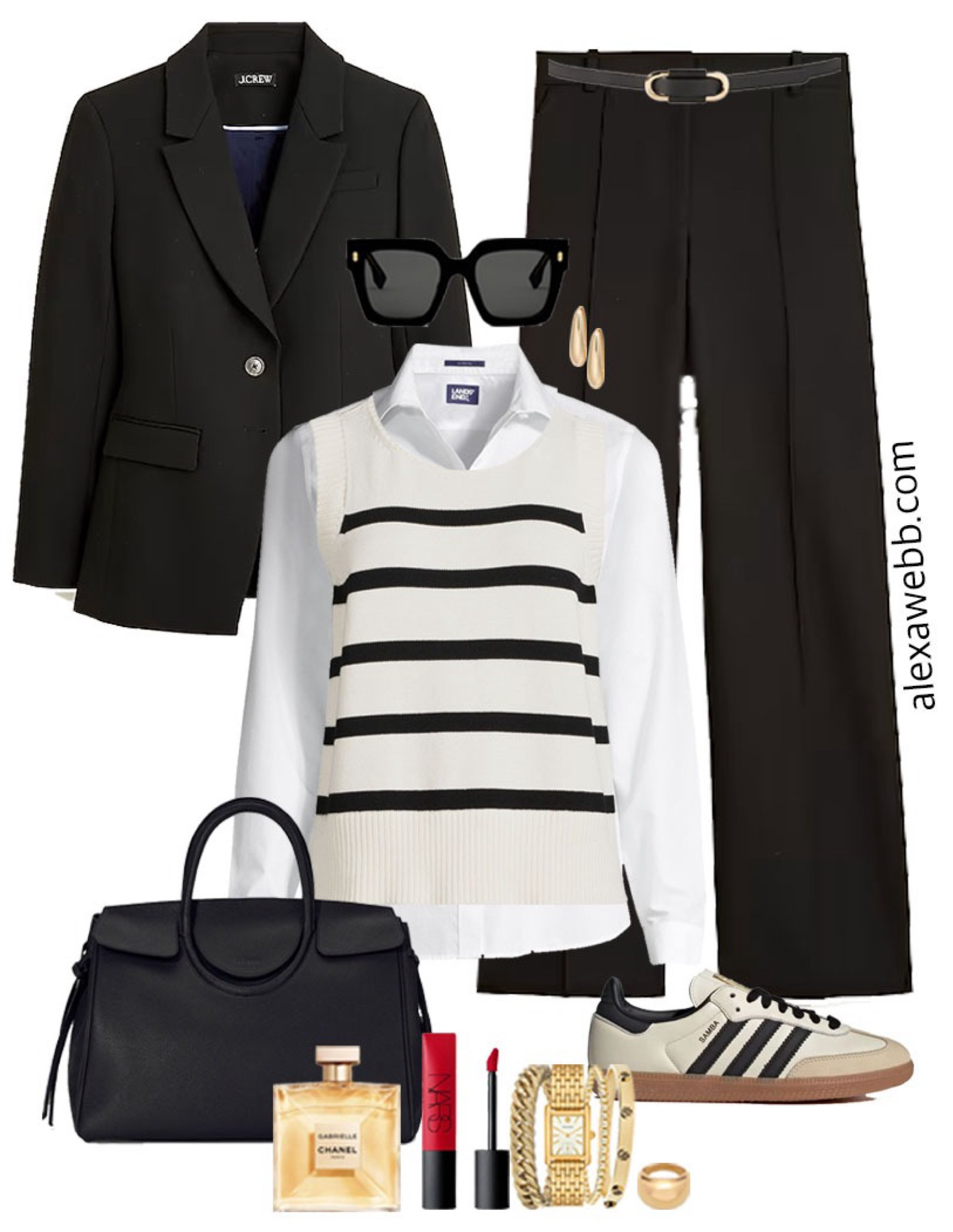 Plus Size Striped Sweater Vest Outfits - A plus size business casual outfit for winter into spring with a striped sweater vest, black blazer, flare pants, and adidas sneakers. Alexa Webb #plussize

#LTKStyleTip #LTKPlusSize #LTKWorkwear