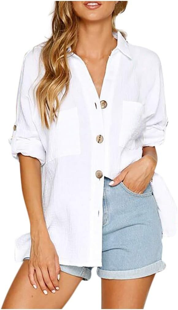 kolila Womens Button Down Blouse V Neck Shirts Long Sleeve Roll Up Cuffed Sleeve Casual Cotton Li... | Amazon (UK)