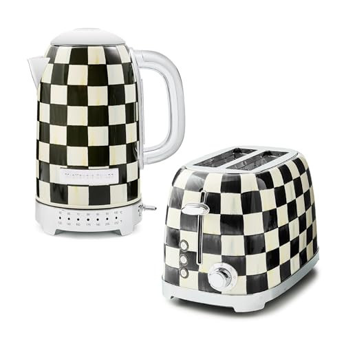MACKENZIE-CHILDS Stainless-Steel Electric Kettle Bundle with Stainless-Steel 2-Slice Toaster, Black-and-White Courtly Check | Amazon (US)