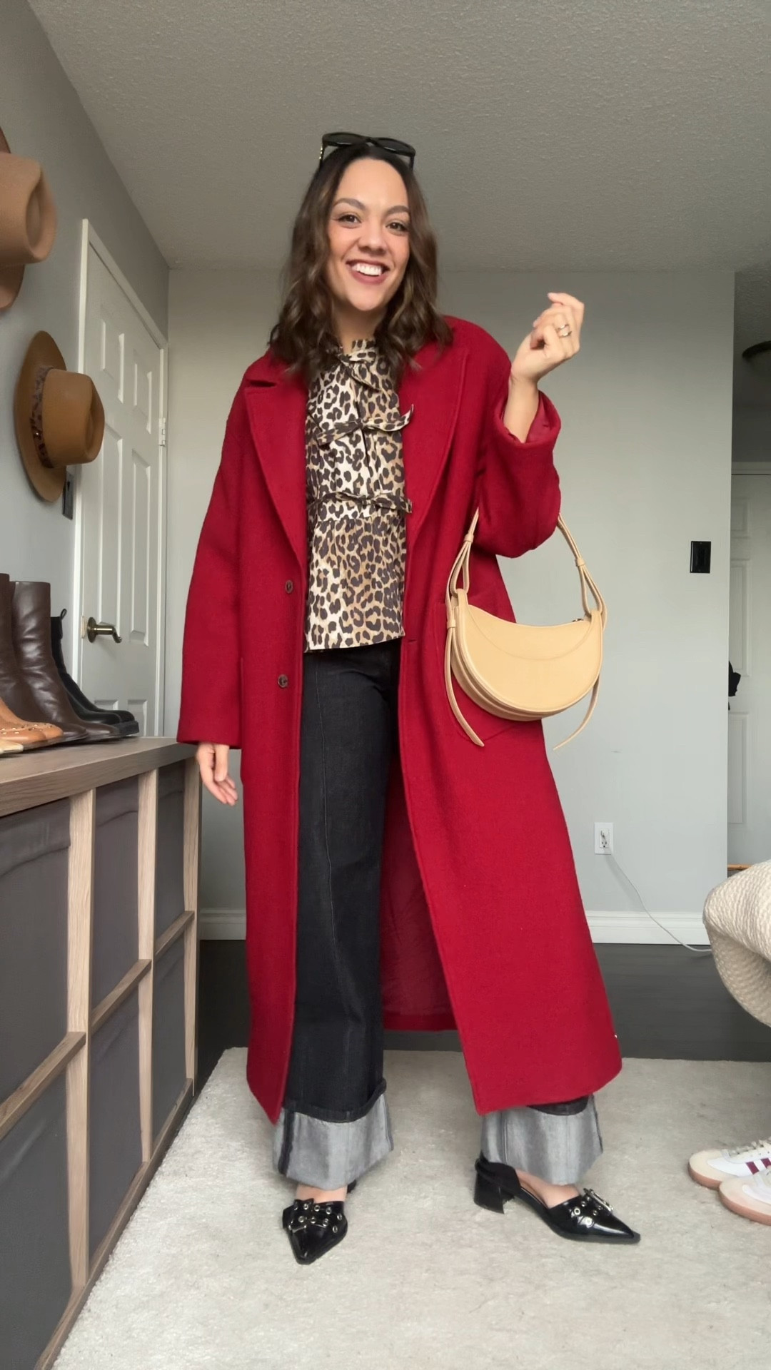 Styling pattern and colour!
-Banana Republic black dark wash cuffed him jeans, I have a size 30 long. 
-Ganni leopard print poplin peplum blouse. I have a size 40. 
-Banana Republic red wool long coat, I have a size medium. 
-Ganni black patent leather heeled pumps. 
-Polène Paris numero dix bag in tan. 
-Celine Triomphe sunglasses. 


#LTKMostLoved #LTKstyletip #LTKSeasonal