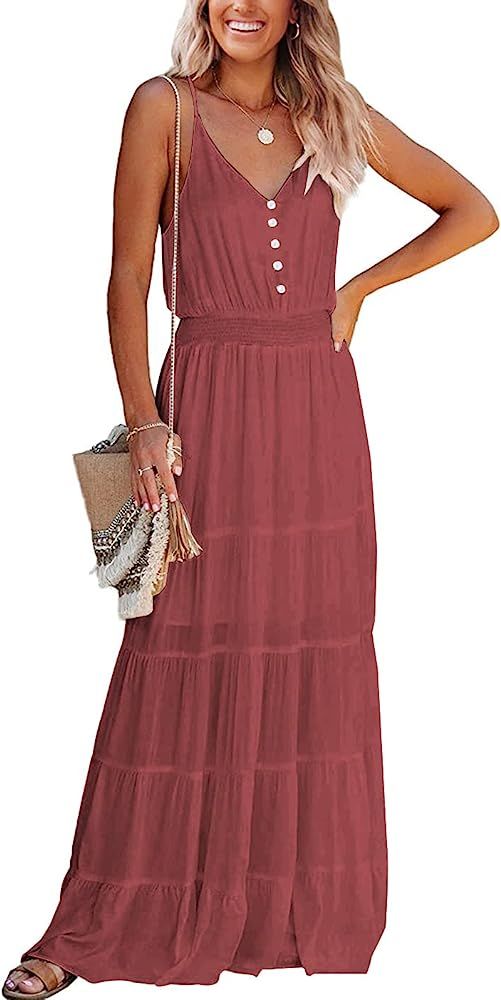PRETTYGARDEN Women's Causal Summer Spaghetti Strap Sleeveless High Waist Beach Long Maxi Dress | Amazon (US)