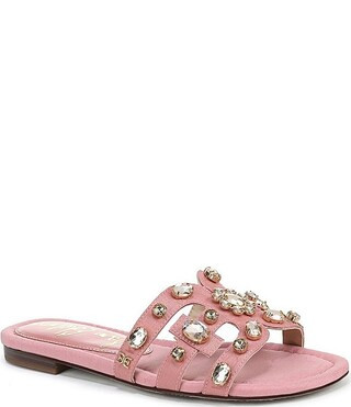 Bay Ray Silk Embellished Double E Logo Slide Sandals | Dillard's