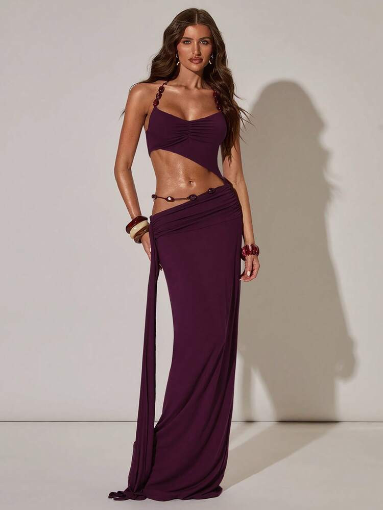 SHEIN BAE Spring/Summer Women's Sexy Solid Plum Purple Waist Cutout Beaded Strapless Maxi Dress B... | SHEIN