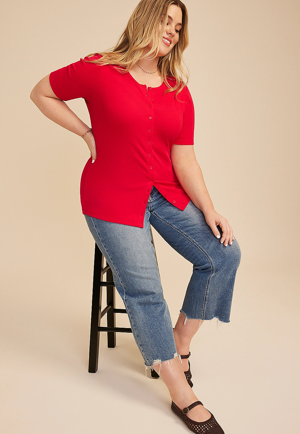 Plus Size Ribbed Button Front Short Sleeve Tee | Maurices