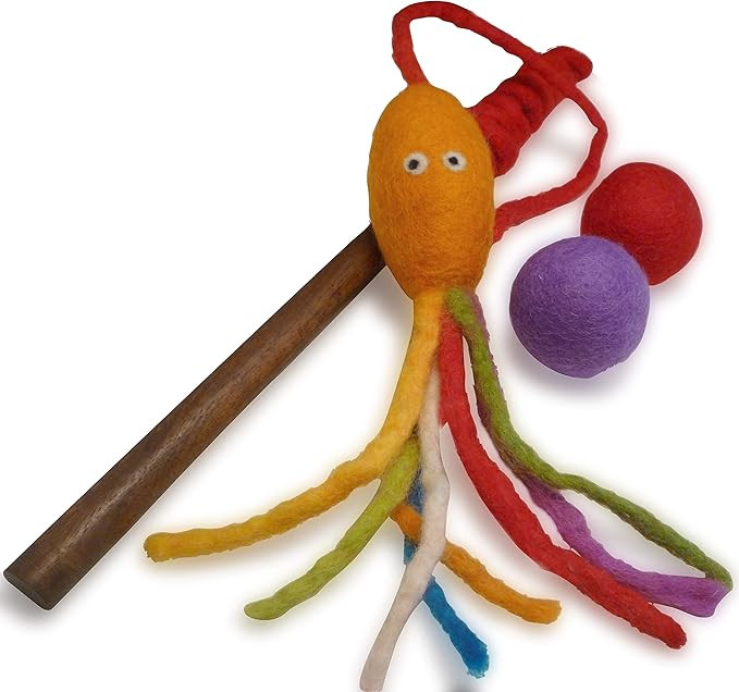Wool Cat Toy - Felted Wool Rainbow Squid Fish Wand Toy Plus 2 Felt Ball Toys for Indoor Cats and ... | Amazon (US)