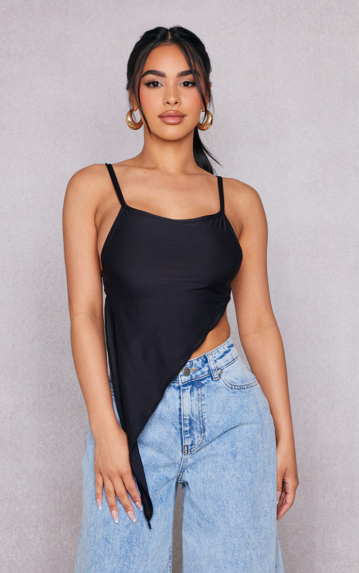 Petite Black Soft Touch Asymmetric Crop Top | PrettyLittleThing US