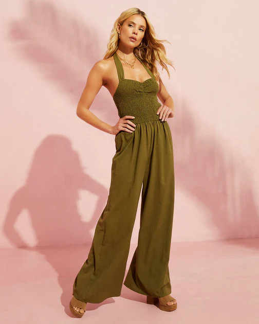 Dovie Smocked Halter Jumpsuit - Olive | VICI