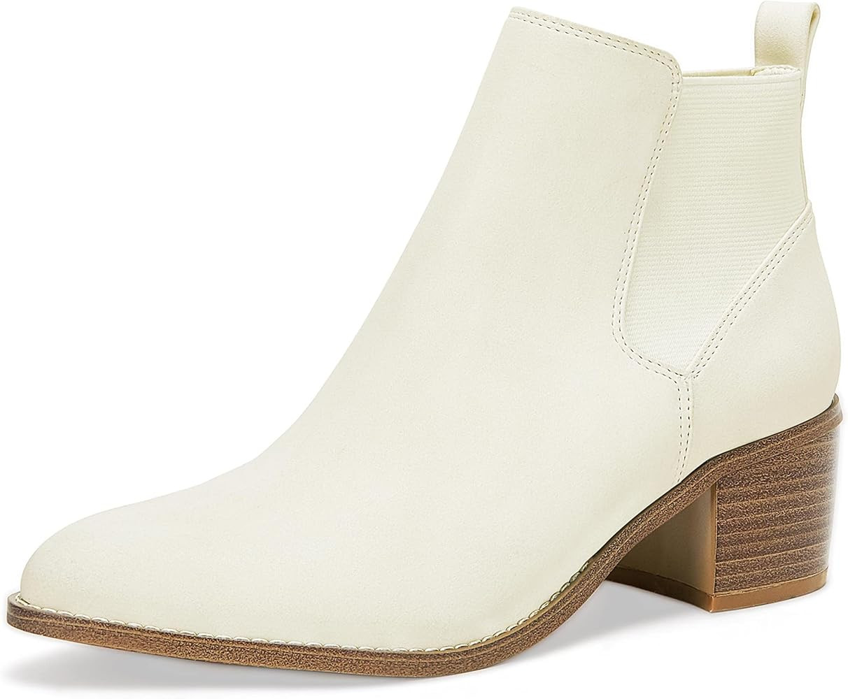 Womens Pointed Toe Ankle Boots Chunky Block Stacked Mid Heel Side Zipper Elastic Comfort Winter B... | Amazon (US)