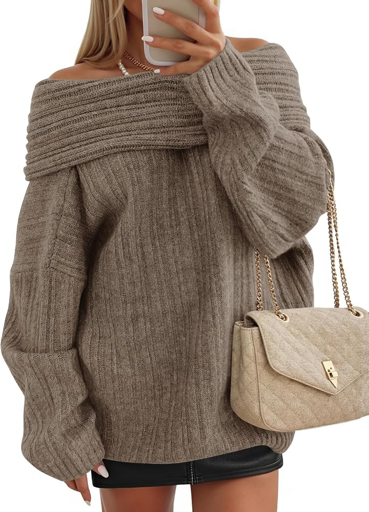 ZESICA Women's Off The Shoulder Sweater 2025 Oversized Long Sleeve Fall Winter Ribbed Knit Tops P... | Amazon (US)