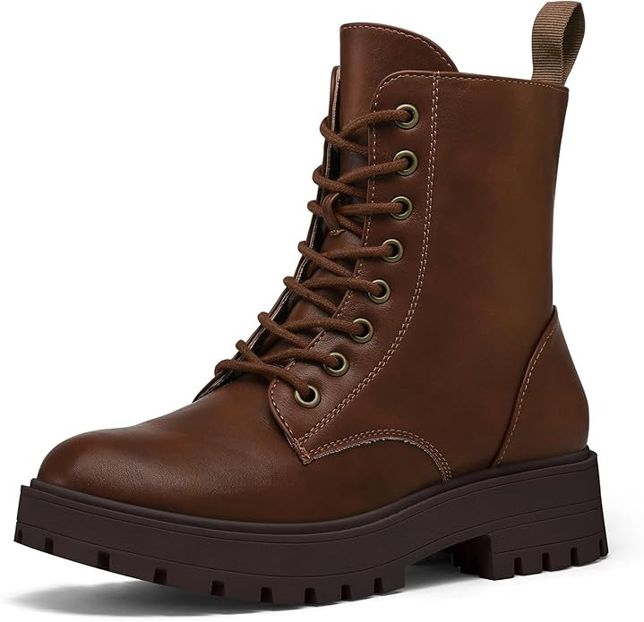 mysoft Women's Combat Boots Lace-Up Platform Chunky Low Heel Ankle Booties Side Zipper Shoes | Amazon (US)