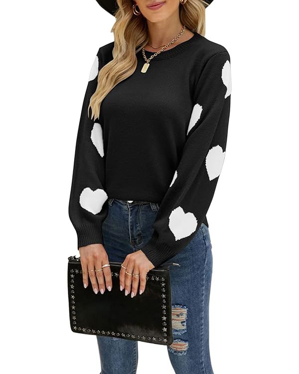 Drvitor Women's Pullover Sweaters Long Sleeve Crew Neck Cute Multi-Hearts Knitted Casual Sweater | Amazon (US)