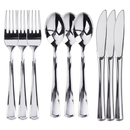 300 Plastic Silverware Set, Silver Plastic Cutlery Set, Disposable Silverware Set | 100 Plastic Forks, 100 Plastic Spoons, 100 Plastic Knives | Heavy Duty Bulk Disposable Flatware Plastic Utensils Set | Amazon (US)