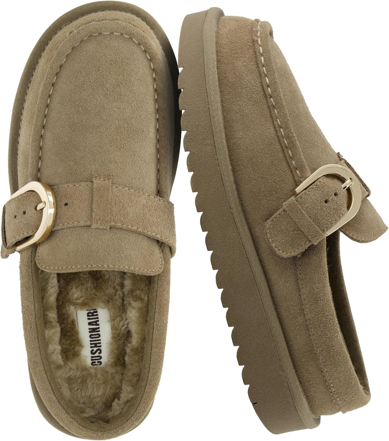 CUSHIONAIRE Origin Genuine Suede Mule Clogs for Women, Cozy Slip-On Moc Toe Loafer with Buckle and Faux Fur Cushioned Footbed | Amazon (US)