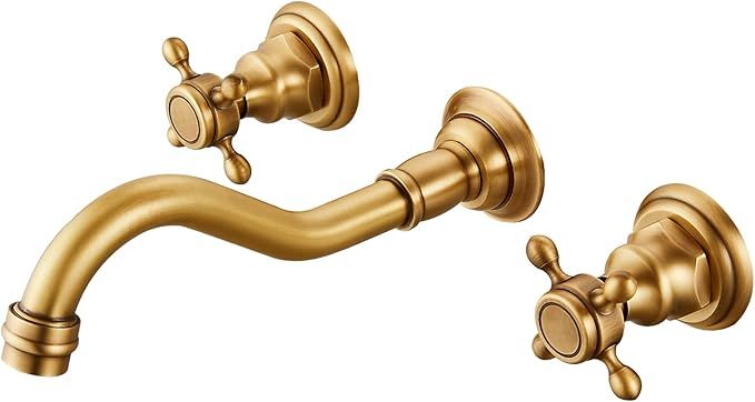 Antique Brass Bathroom Widespread Sink Faucet Wall Mount 3 Holes 2 Cross Knobs Brass Lavatory Bas... | Amazon (US)