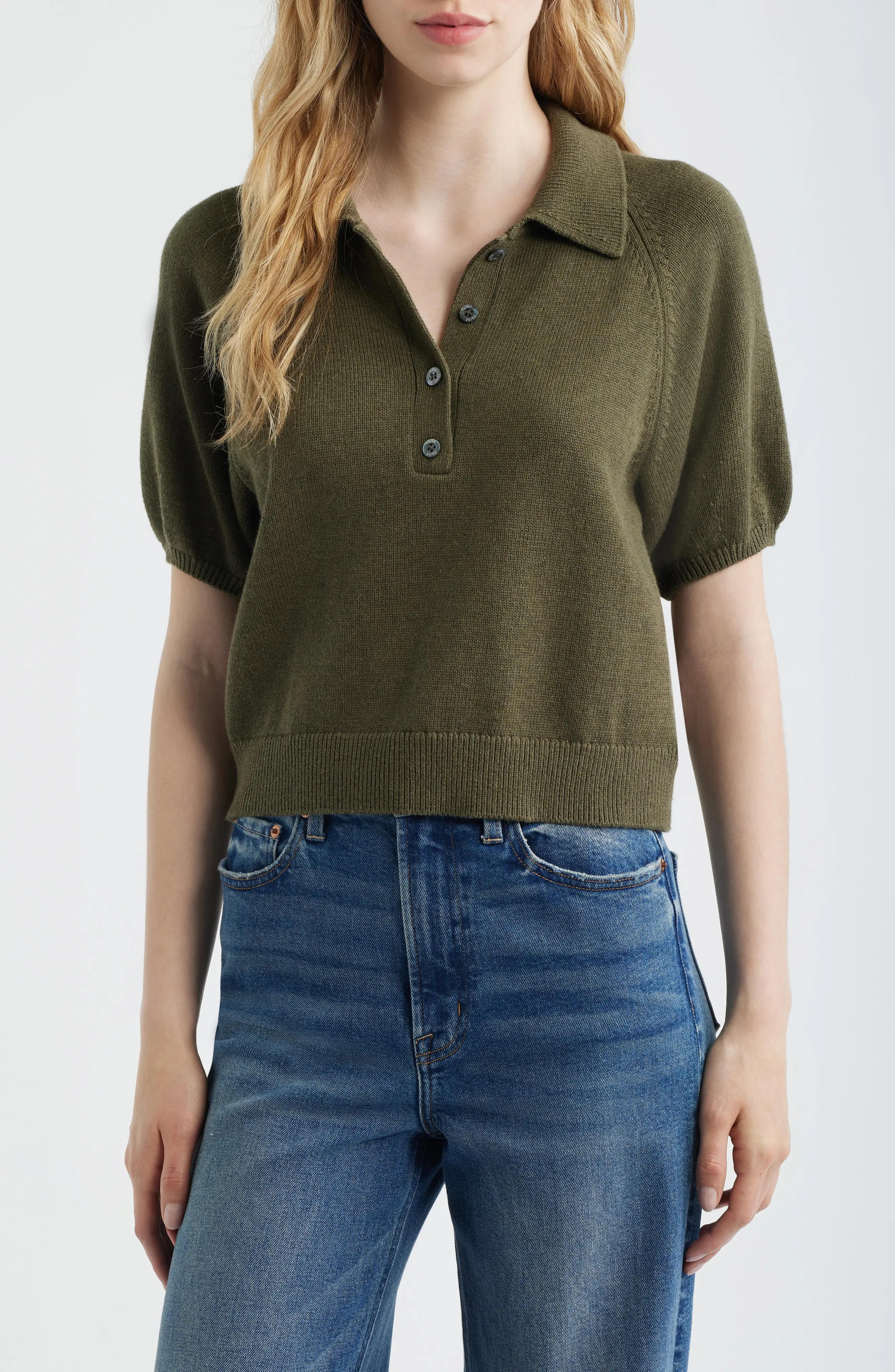 Birch Puff Sleeve Organic Cotton Blend Polo Sweater (Women) | Nordstrom | Nordstrom