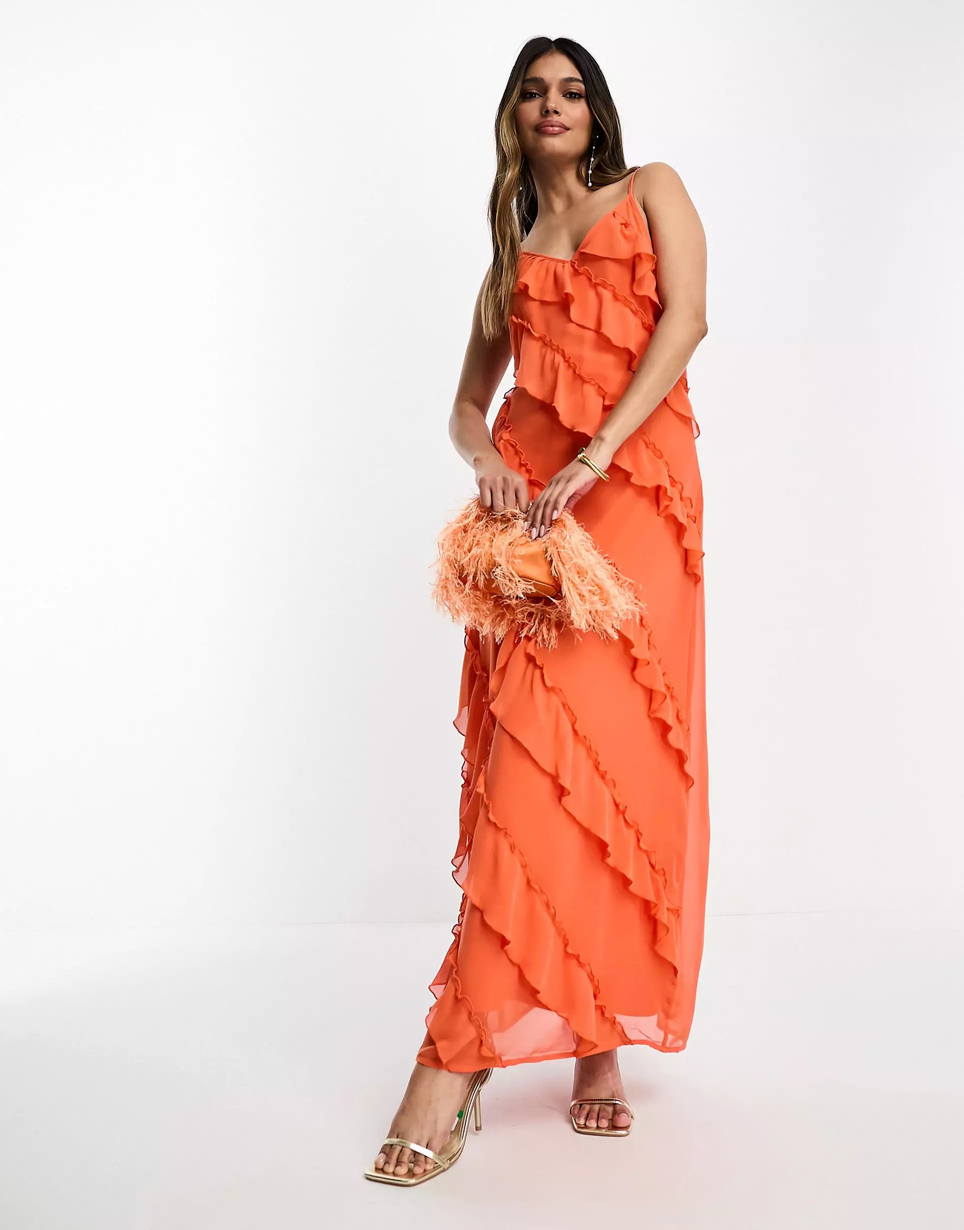 Vila frill detail maxi cami dress in orange | ASOS (Global)