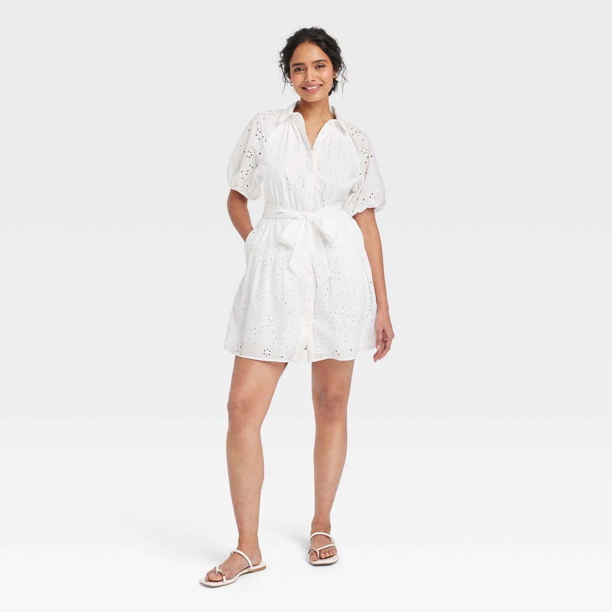 Women's Eyelet Balloon Elbow Sleeve Mini Shirtdress - A New Day™ White L | Target