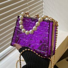 Mini Neon Purple Pearl Strap Box Bag | SHEIN