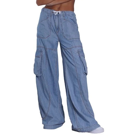 Liangchengmei Low Waist Baggy Cargo Jeans for Women Flap Pocket Relaxed Fit Straight Wide Leg Y2K Fa | Walmart (US)