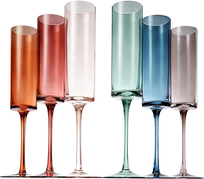 Khen Colored Champagne Flute Stemmed Glasses | Set of 6 | 6oz Art Deco Stemmed Martini Muted Vint... | Amazon (US)