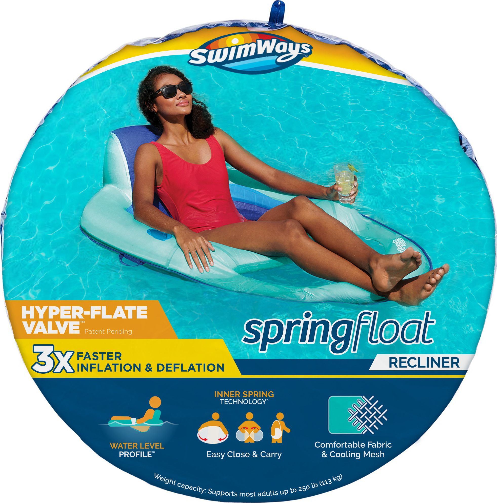 SwimWays Spring Float Recliner Pool Lounger with Hyper-Flate Valve, Inflatable Pool Float, Teal | Walmart (US)