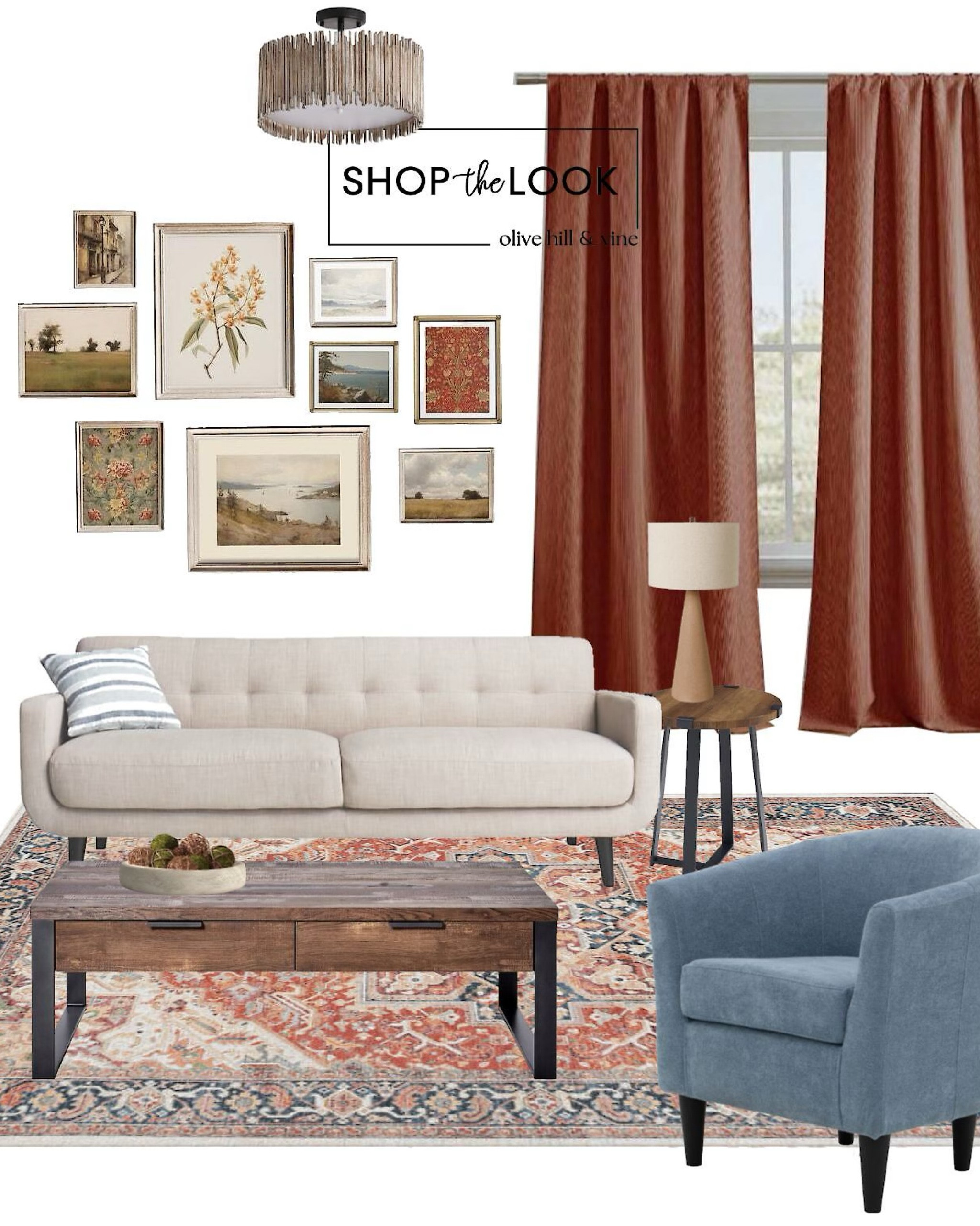 Discover the perfect blend of modern rustic charm! Our curated living room features a taupe tufted sofa, a sturdy 2-drawer coffee table with gunmetal accents, and an elegant end table with a metal cross and wood top. Add a pop of color with a light blue barrel chair, rust thermal curtains, and a timeless oriental rug. Complete the look with a vintage print set for an antique aesthetic. Durability and style, all in one! 

#LTKFamily #LTKStyleTip #LTKHome