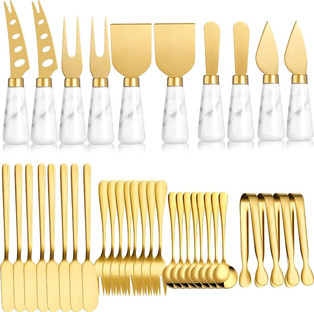 38 Pieces Gold Cheese Knife Set Marble Handle Butter Spatula Knives Cheese Spreader Cutter Cheese... | Amazon (US)