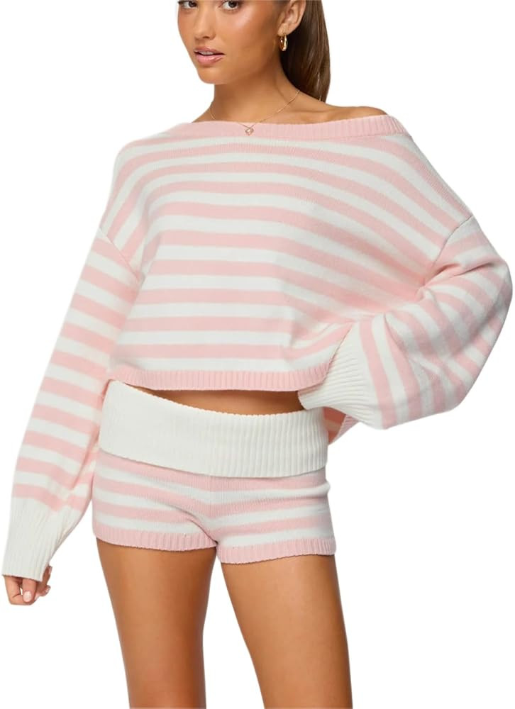 LANBAILAN Women Striped Sweater Outfits Long Sleeve Sweater and Shorts 2 Piece Fall Matching Set ... | Amazon (US)