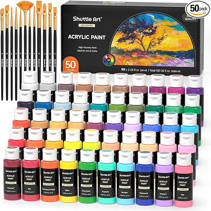 Shuttle Art Acrylic Paint, 50 Colors Acrylic Paint Set, 2oz/60ml Bottles, Rich Pigments, Water Pr... | Amazon (US)