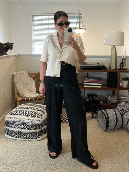 Black trousers (Gentle Fawn, similar linked) | short sleeve satin button down (Gentle Fawn, similar linked) | black sunglasses | gold jewelry | black slide sandals 

#LTKmidsize #LTKfindsunder100 #LTKstyletip