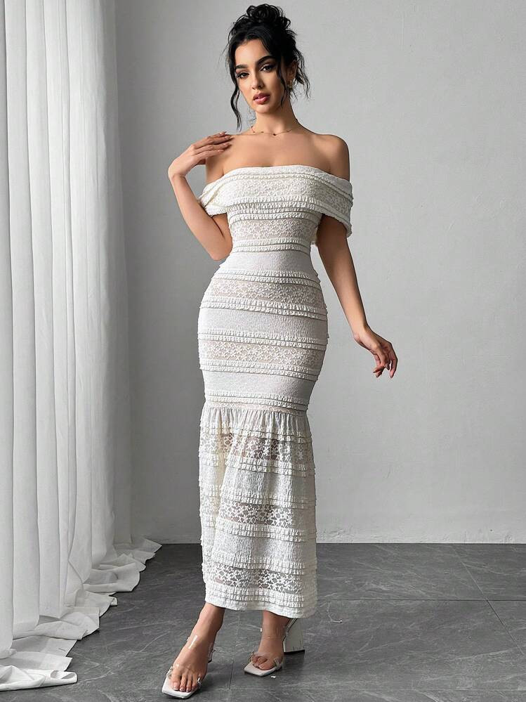 Firerie Elegant Romantic Apricot Lace Off Shoulder Tight Waist Mermaid Dress, Festival/Valentine's Day Spring/Summer Outfits,White Graduation Dress | SHEIN