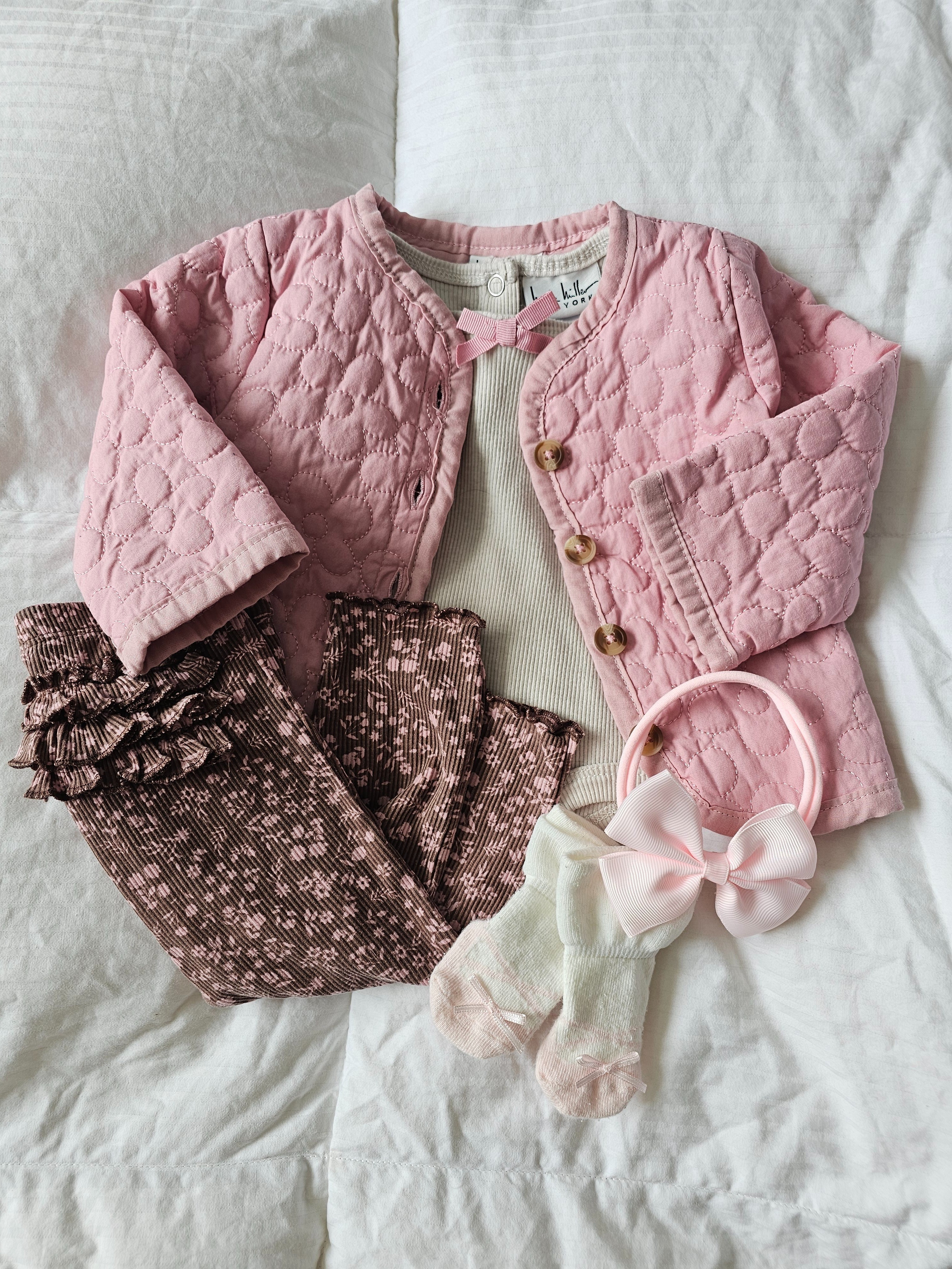 Baby girl floral outfit 🌸 floral ruched flare pants, neutral baby short sleeve onesie, flora light jacket, matching bow socks and head band bow. Linking the closest matches. 

#LTKBaby #LTKgrwm #LTKootd