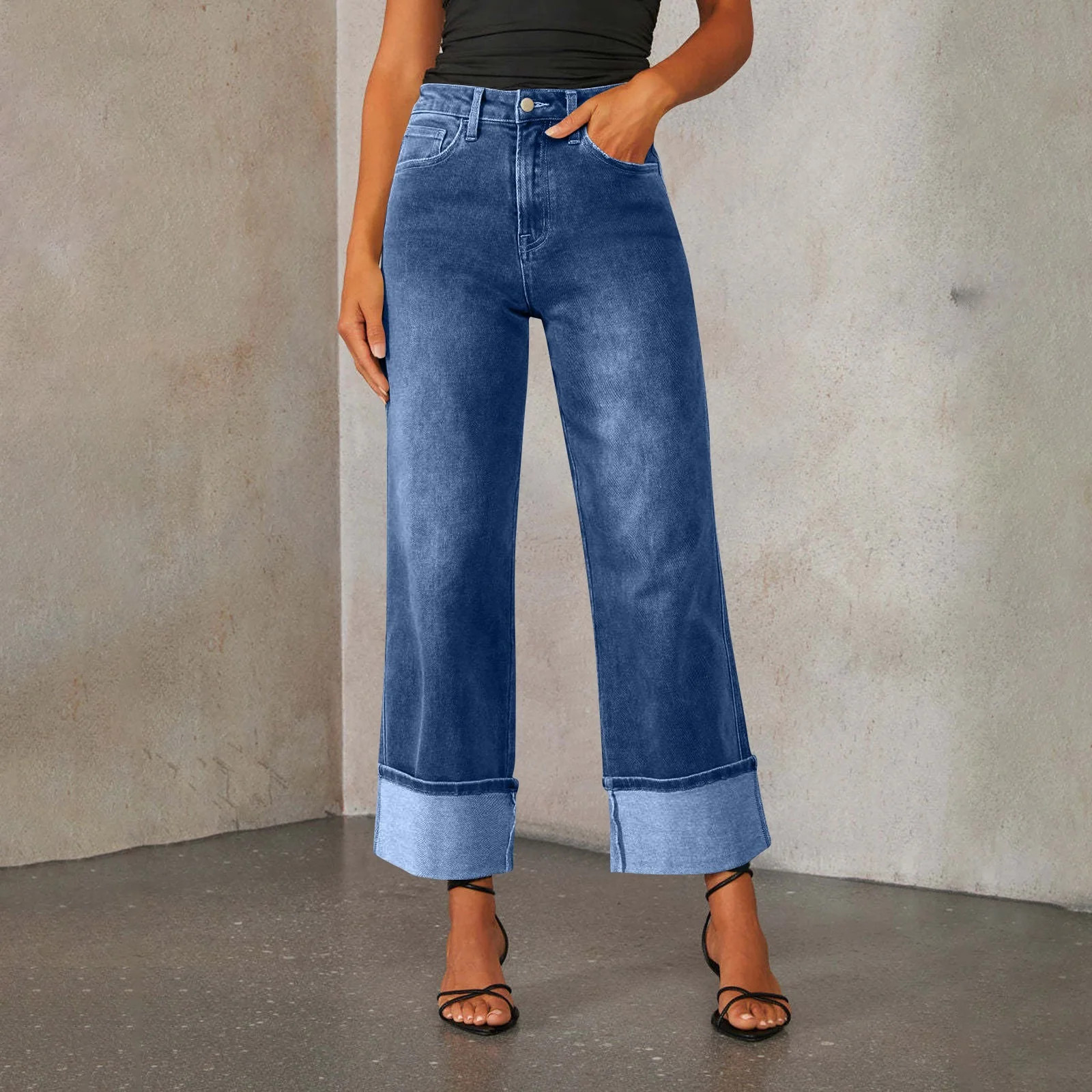 28" Inseam Women's High Waisted Wide Leg Jeans Stretchy Baggy Cuffed Jeans Casual Straight Loose ... | Walmart (US)