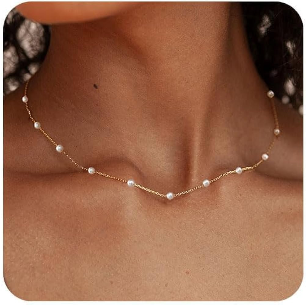 FUNEIA Dainty Pearl Necklace for Women 14K Gold Plated Faux Pearl Choker Necklaces Trendy White S... | Amazon (US)