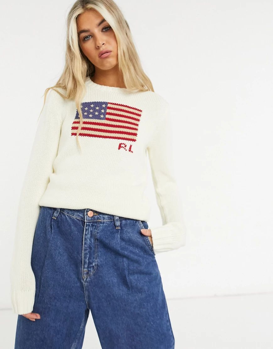 Polo Ralph Lauren flag logo knitted jumper in cream | ASOS (Global)