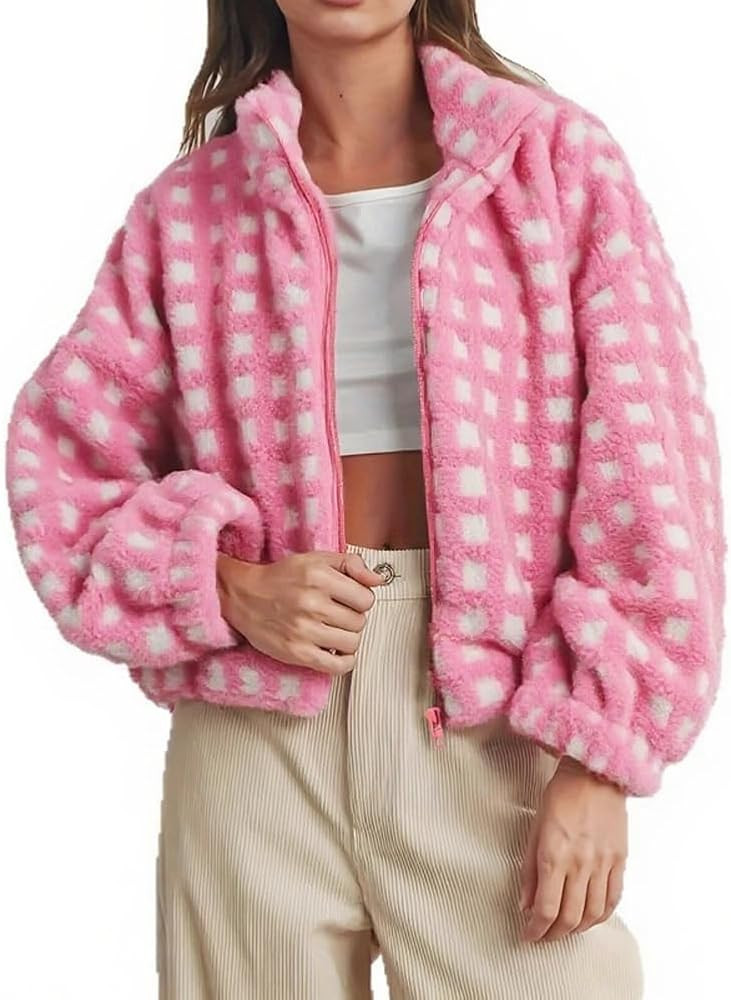 chouyatou Women's Fall Winter Checkered Stand Collar Sherpa Jacket Y2K Fleece Plaid Zip Up Faux F... | Amazon (US)