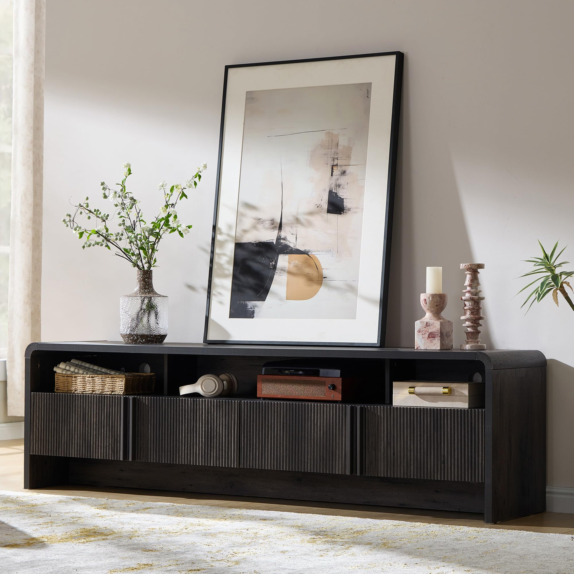 AMERLIFE Modern TV Stand for TVs up to 80", 70 inch Fluted TV Console with Storage Cabinets, Wood... | Amazon (US)