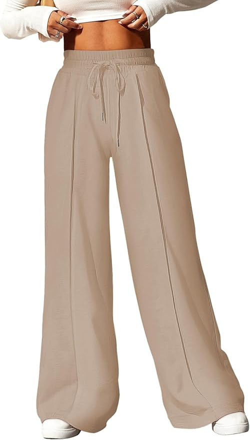Aleumdr Women's High Waisted Drawstring Waist Wide Leg Sweatpants with Pockets Casual Loose Yoga ... | Amazon (US)