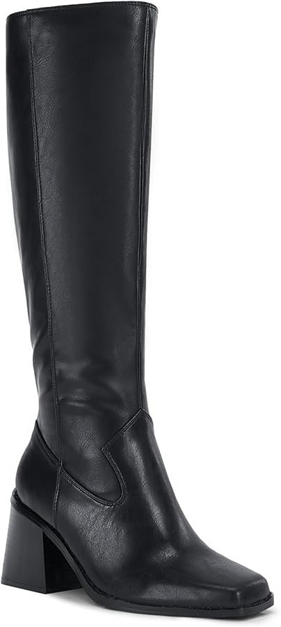 Coutgo Women's Knee High Boots Wide Calf Square Toe Chunky Heeled Pull-on Leather Boots | Amazon (US)