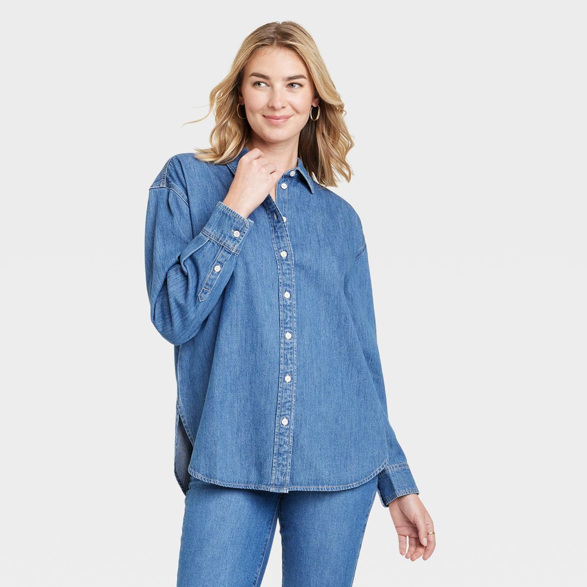 Women's Long Sleeve Denim Oversized Button Down Shirt - Universal Thread™ Blue XS | Target