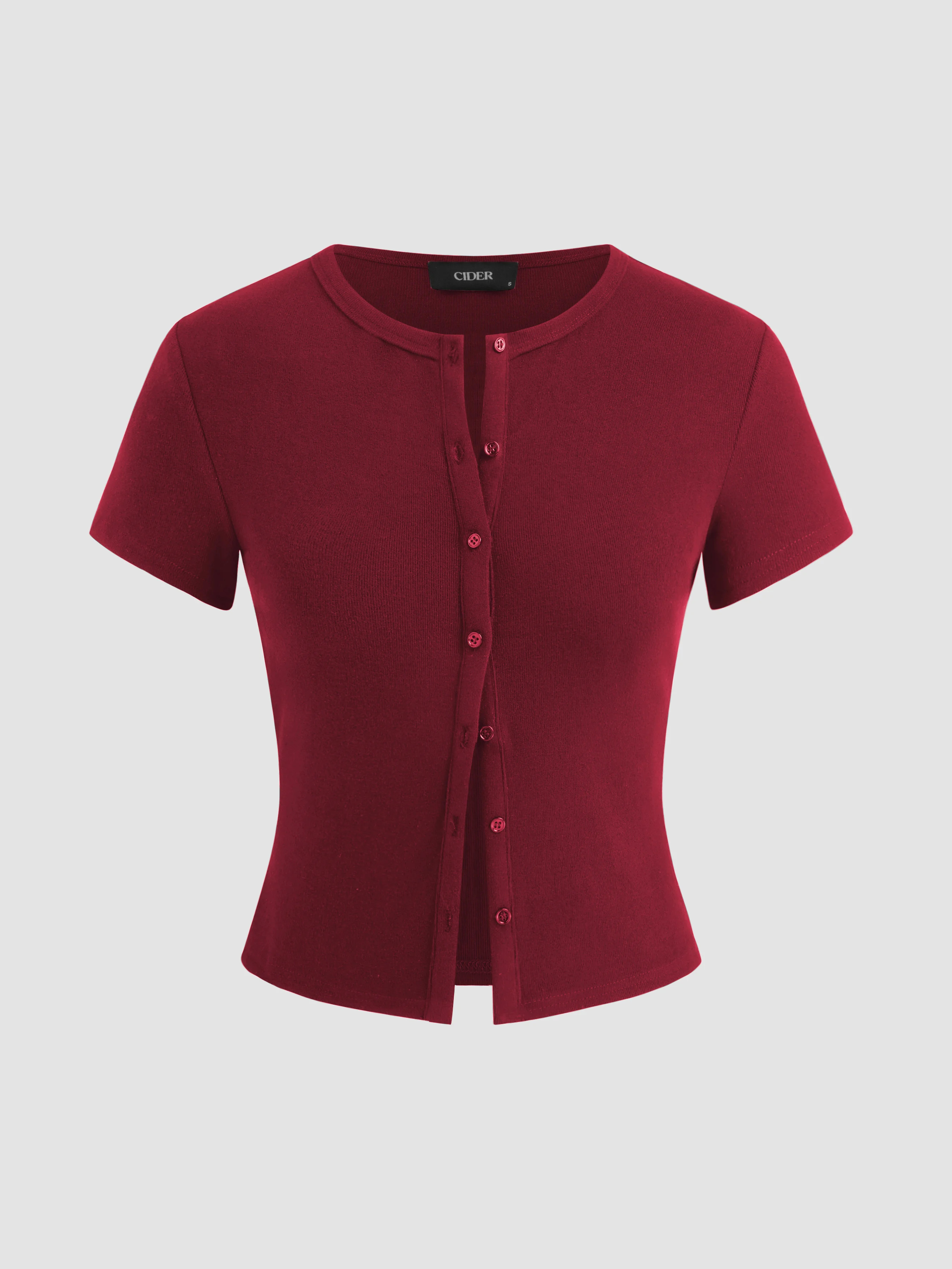 Valentine Knit Fabric Round Neckline Solid Button Short Sleeve Top For Daily Casual | Cider