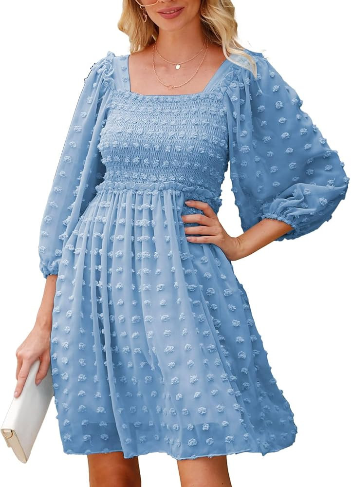 BTFBM Women's Square Neck Smocked Dresses Long Sleeve High Waist Floral Swiss Dot Flowy Babydoll Min | Amazon (US)