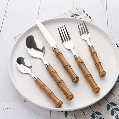 Bamboo Plastic Handle Silverware Set, HF HOFTEN Flatware Set Include Fork Spoon Knife Utensils fo... | Amazon (US)