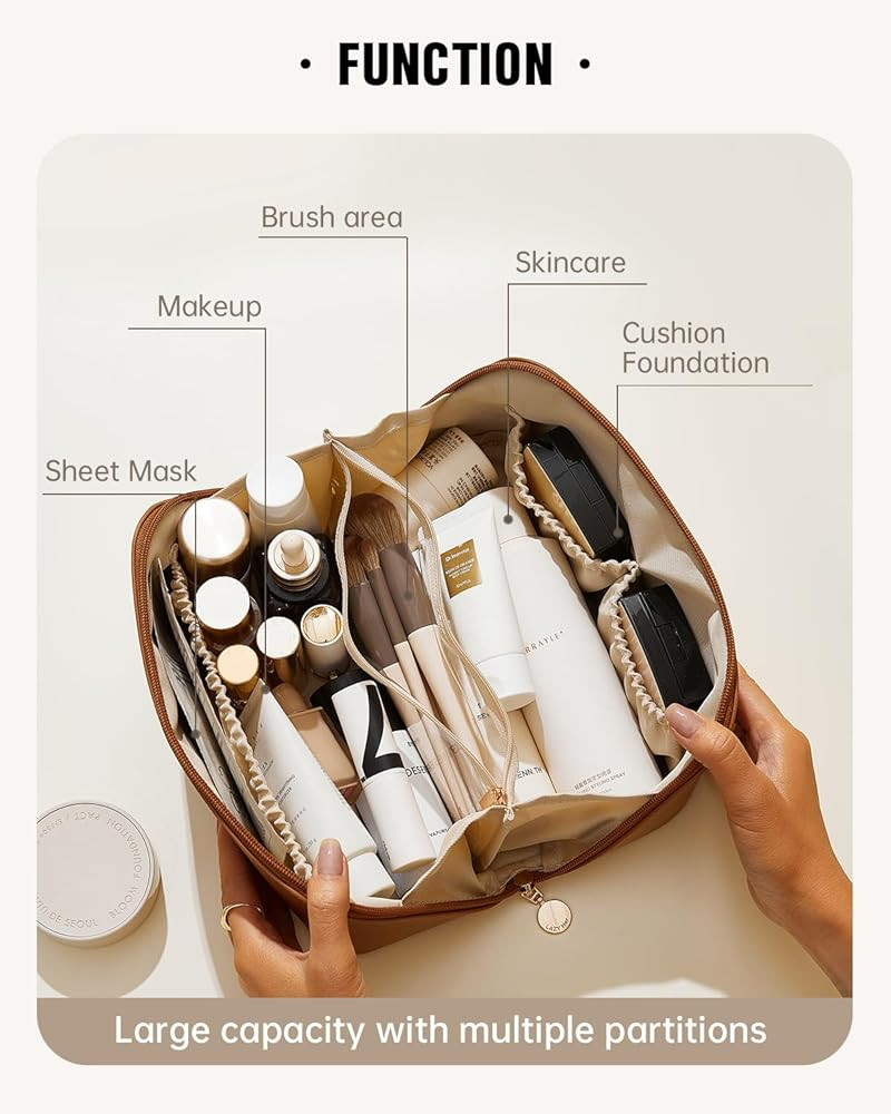 EACHY Travel Makeup Bag, Large Capacity Cosmetic Bag for Women, Waterproof PU Leather, Flat Open Portable Toiletry Bag for Skincare, Brushes & Travel Essentials | Amazon (US)