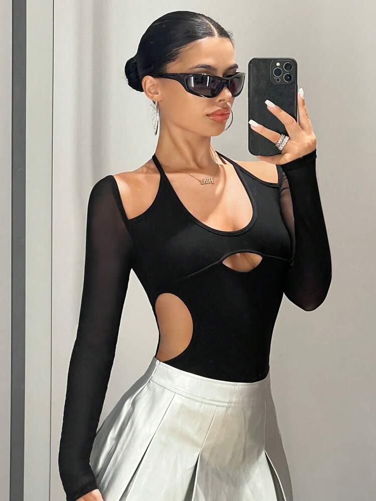 SHEIN ICON Cut Out Tie Back Black Bodysuit | SHEIN