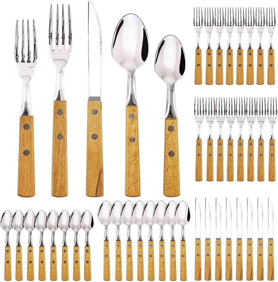 Daily Treasures Wooden Handle Home Utensils Set,40Pcs Stainless Steel Flatware Set for 8 People,K... | Amazon (US)
